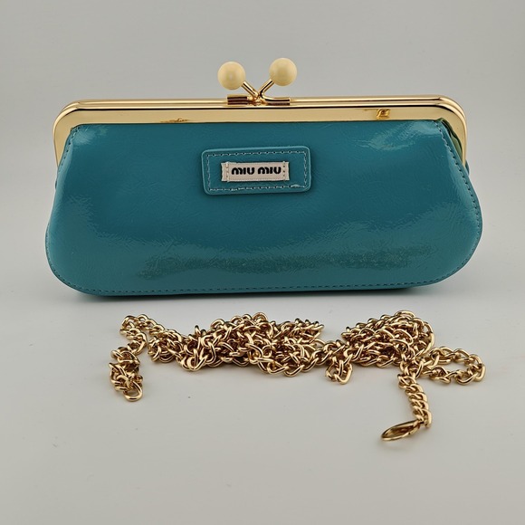 Miu Miu Clutch Bag Womens Mini Teal Green Faux Leather Chain Strap Box Set New - Picture 2 of 11